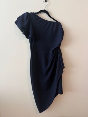 Asymmetrical One-Shoulder Navy Ruffle Dress